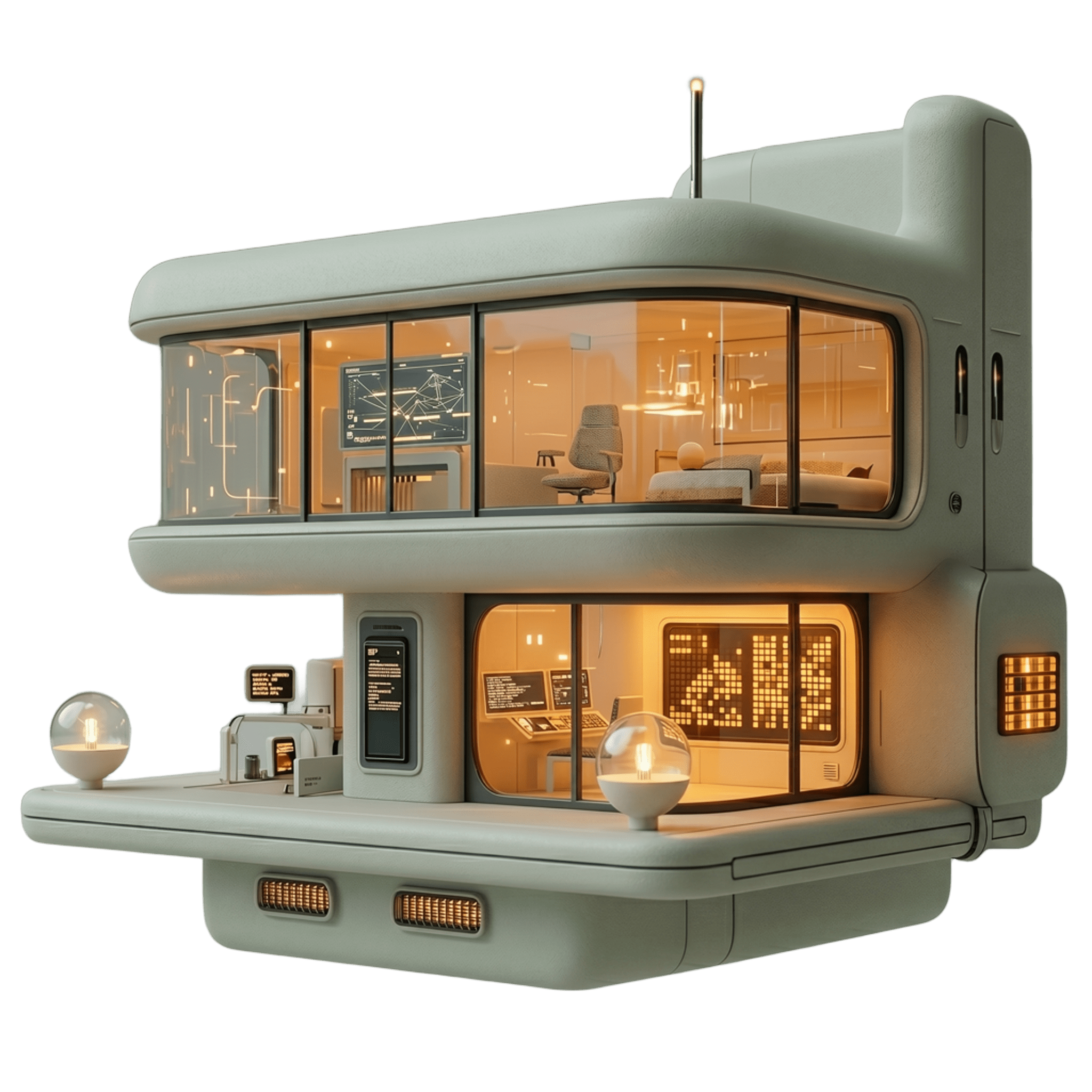 3D render of a modern smart home with warmly lit, fully furnished interiors